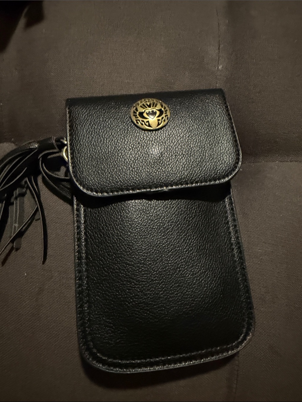 Black Leather Crossbody Phone Pouch with Gold Emblem